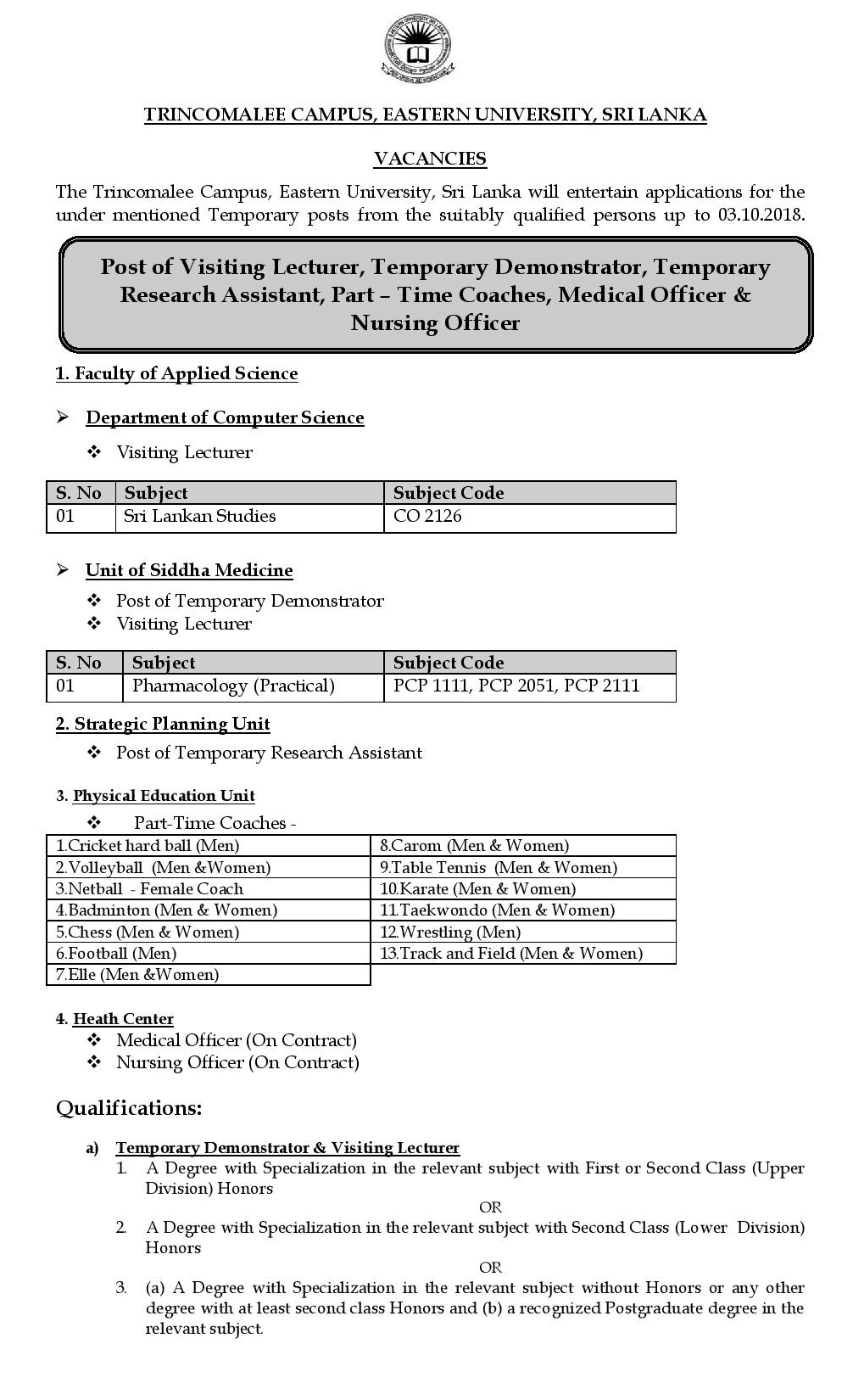 Visiting Lecturer, Temporary Demonstrator, Temporary Research Assistant, Part Time Coaches, Medical Officer, Nursing Officer - Eastern University, Sri Lanka